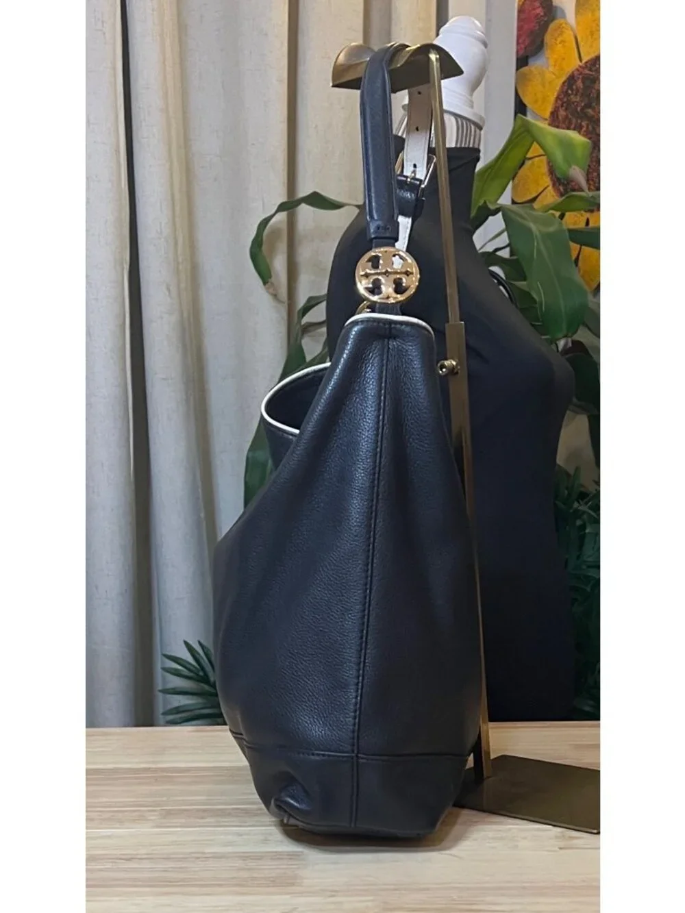 AUTHENTIC TORY BURCH Vintage Black Hobo with White Piping!  RARE!